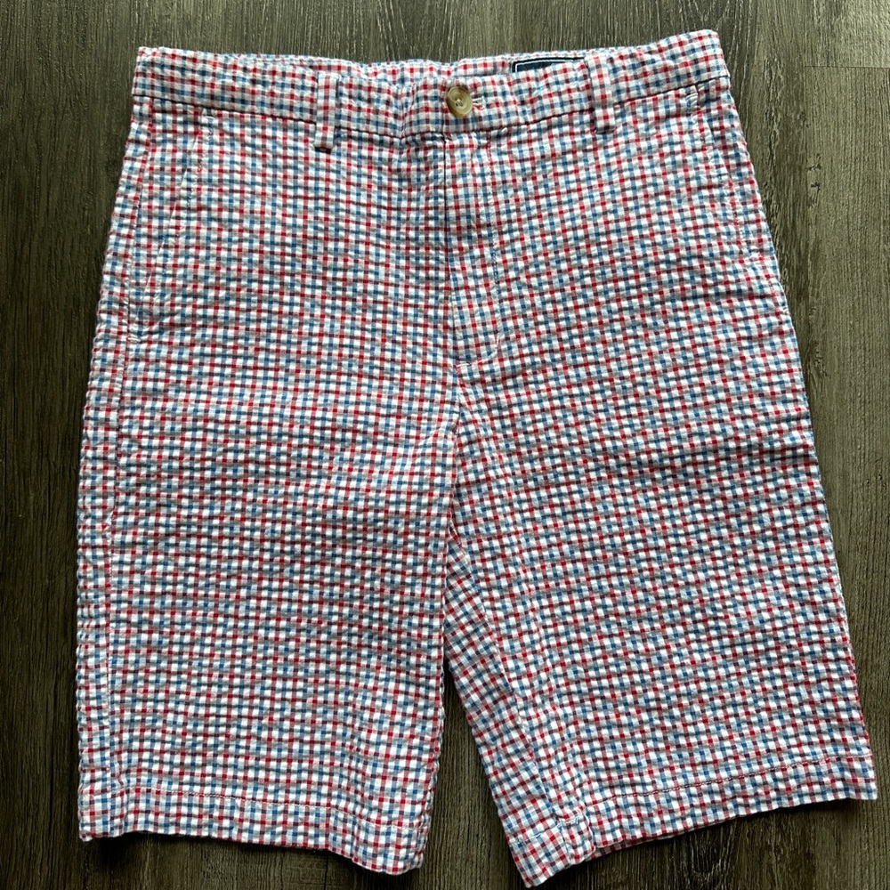 Vineyard Vines Boys Red, White And Blue Gingham Seersucker Shorts Size 16